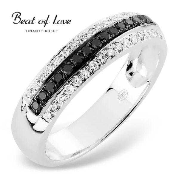 Beat of Love -timanttisormus valkokultaa mustilla ja kirkkailla timanteilla-0