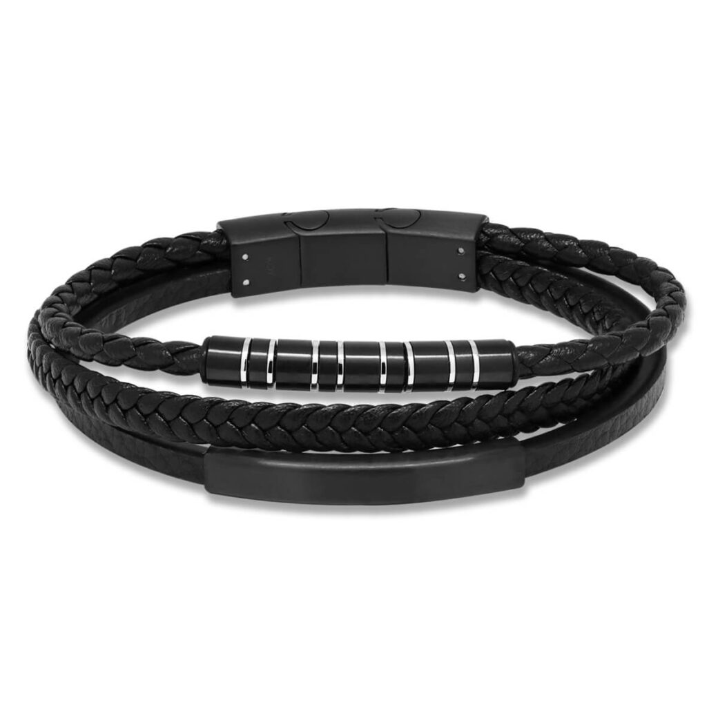 Teräsrannekoru mustaa nahkaa ja mustalla laatalla SSLB-109Bmusta/21,5cm