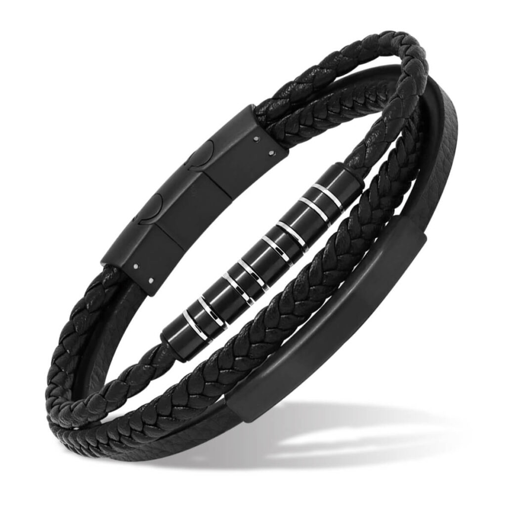 Teräsrannekoru mustaa nahkaa ja mustalla laatalla SSLB-109Bmusta/21,5cm