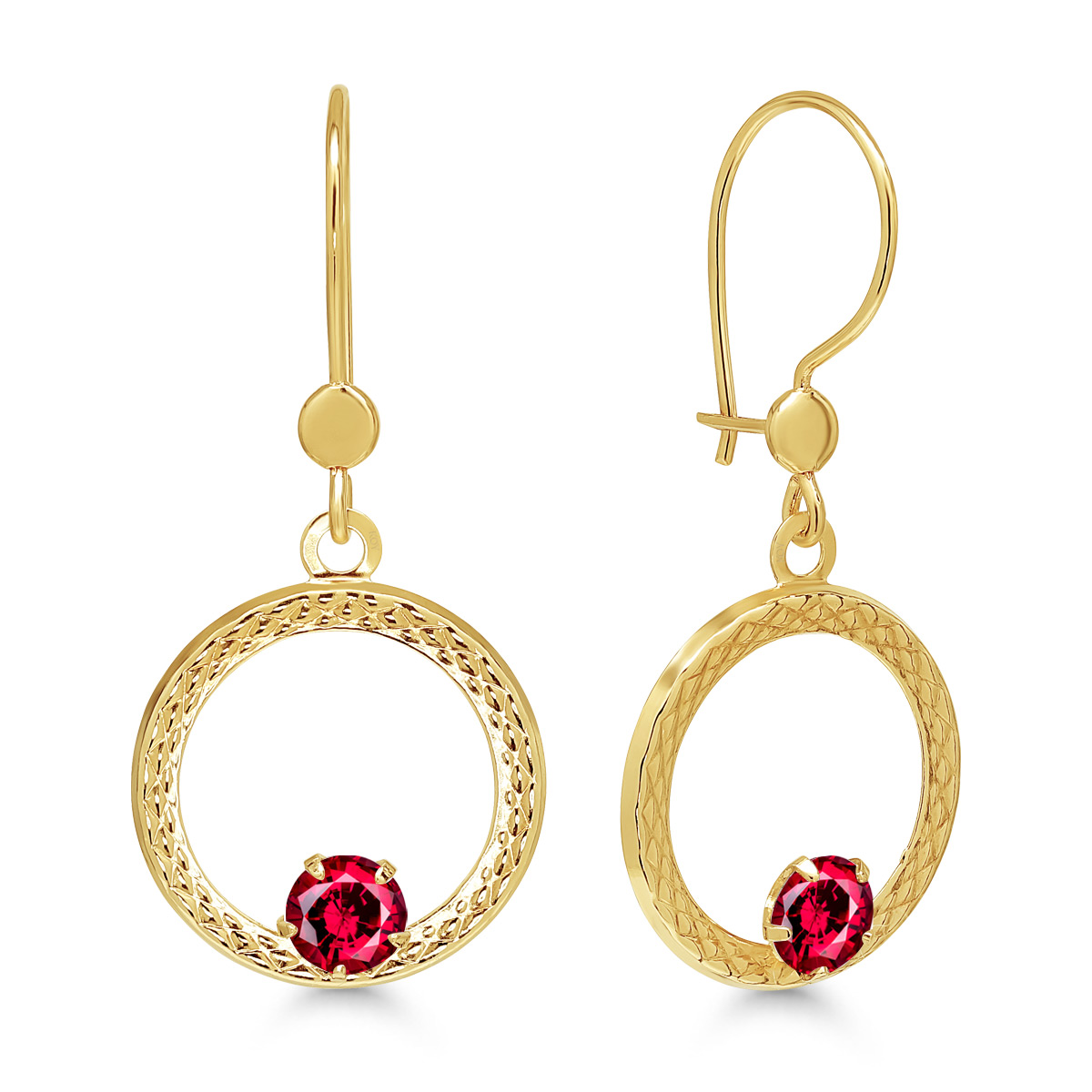 Rippuvad kuldkõrvarõngad avatud ring punase tsirkooniga 13,5mm