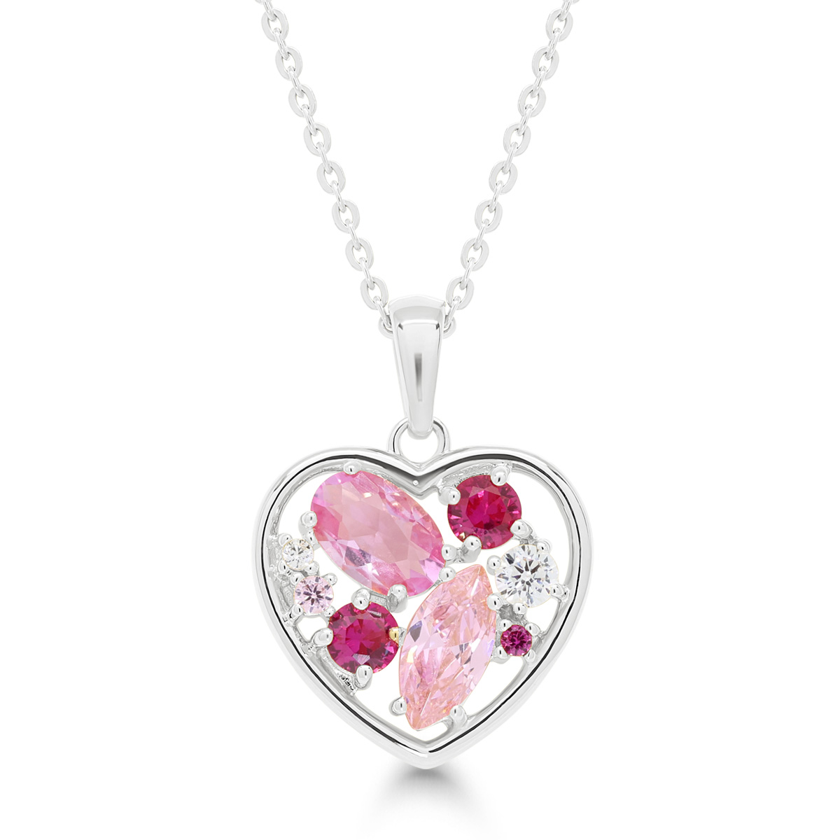 Beat of Love südamekujuline hõbedane kaelakee roosa ja punaste kividega